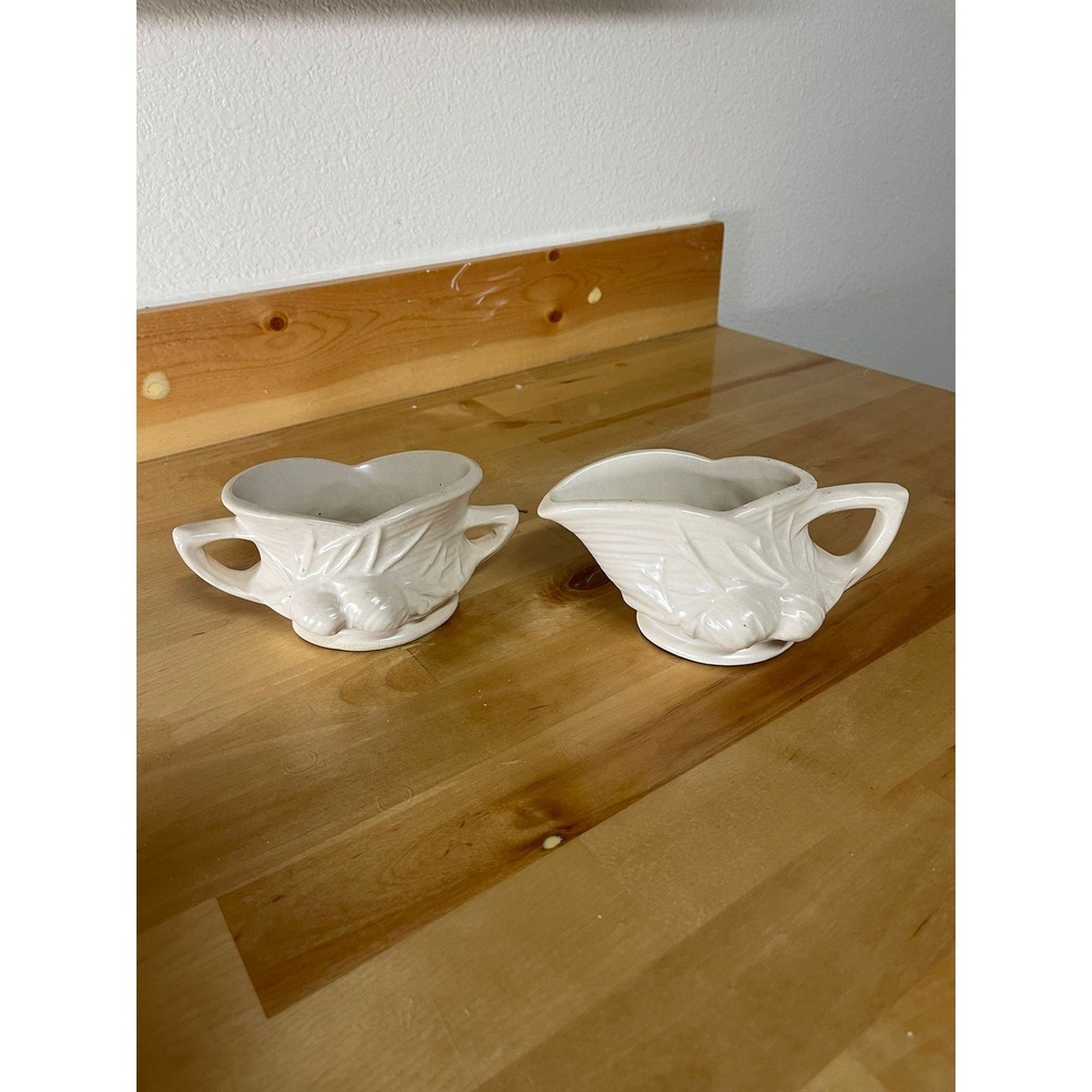 McCoy Vintage Cream Heart Shaped Creamer and Sugar Bowl Set Embossed Fruitβ